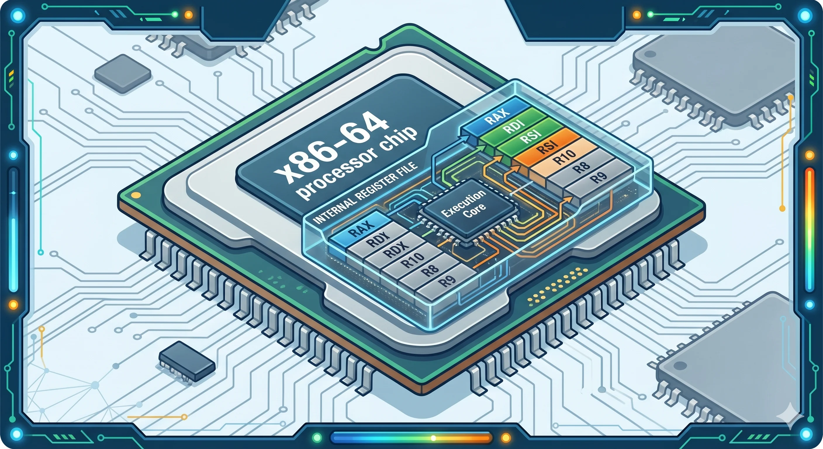x86-64 processor chip showing internal register file with RAX, RDI, RSI, RDX, R10, R8, R9 registers connected to the execution core